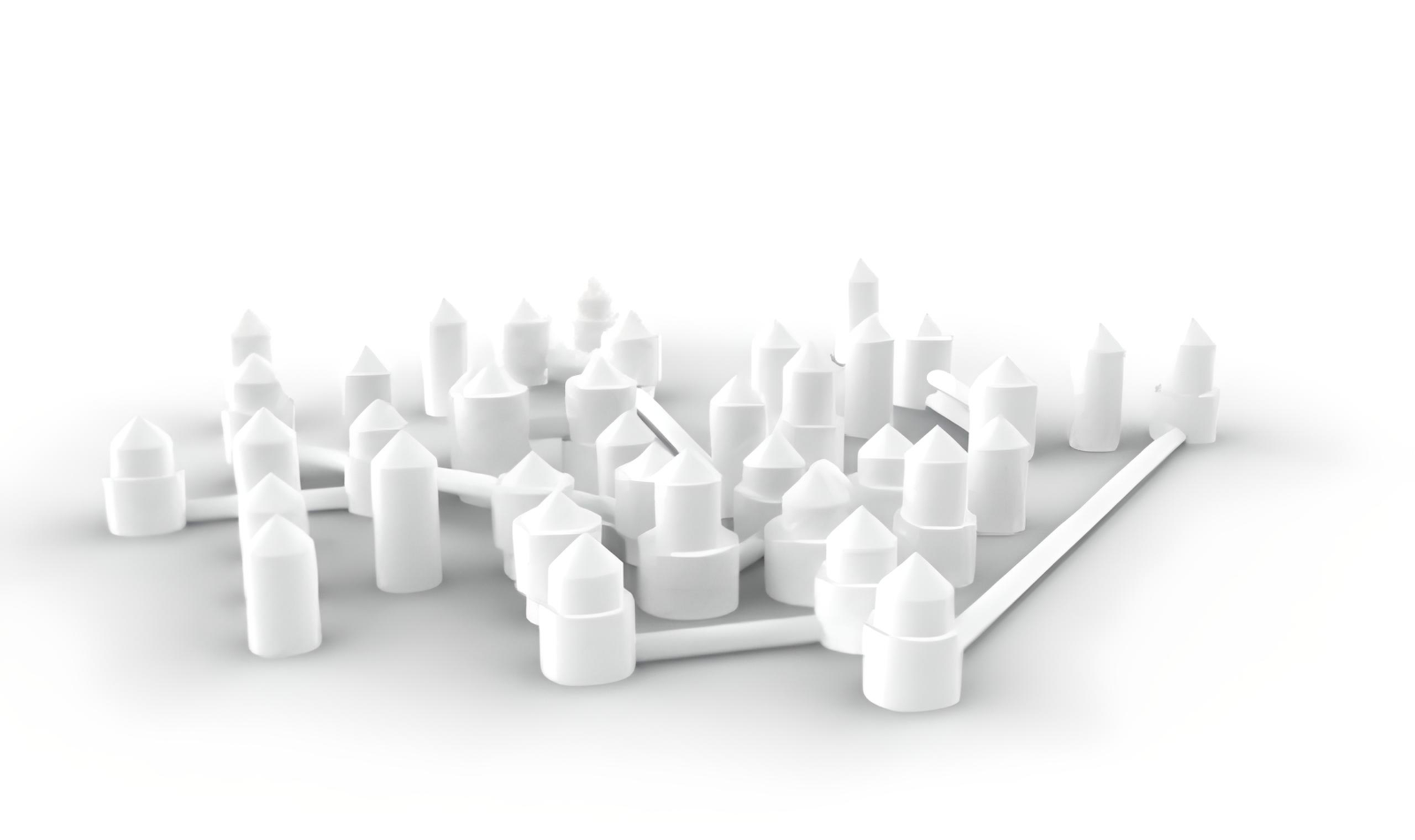 About 25 single- or double-story towers, with only a few connections.