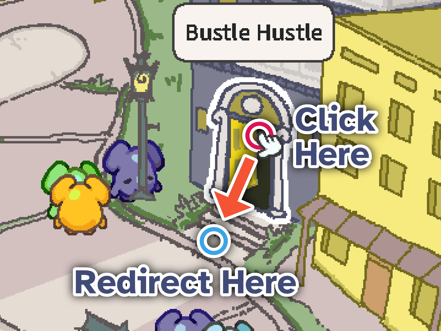 The mouse pointer hovering over a door, with an arrow pointing to the bottom of the door from the place that the mouse clicks.